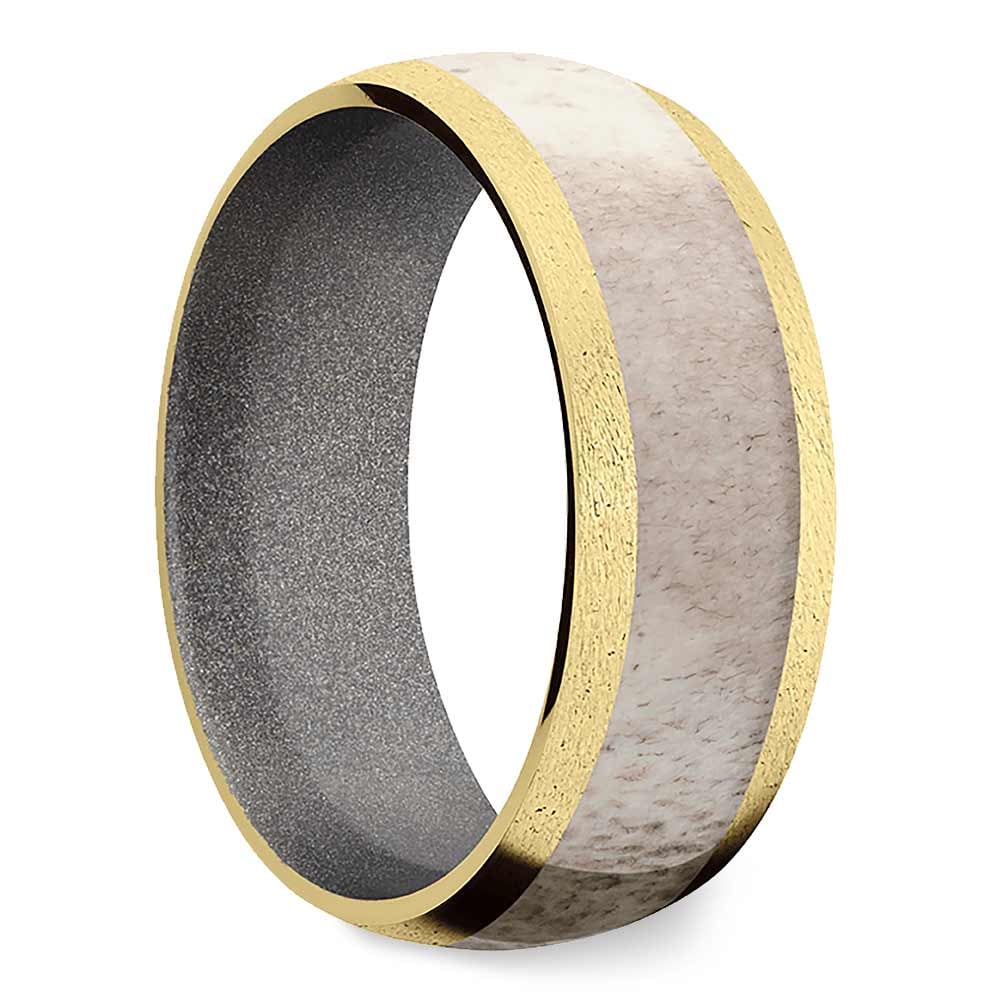 Gold Mens Wedding Band With Antler Inlay And Cerakote Sleeve - Huntsman | 02