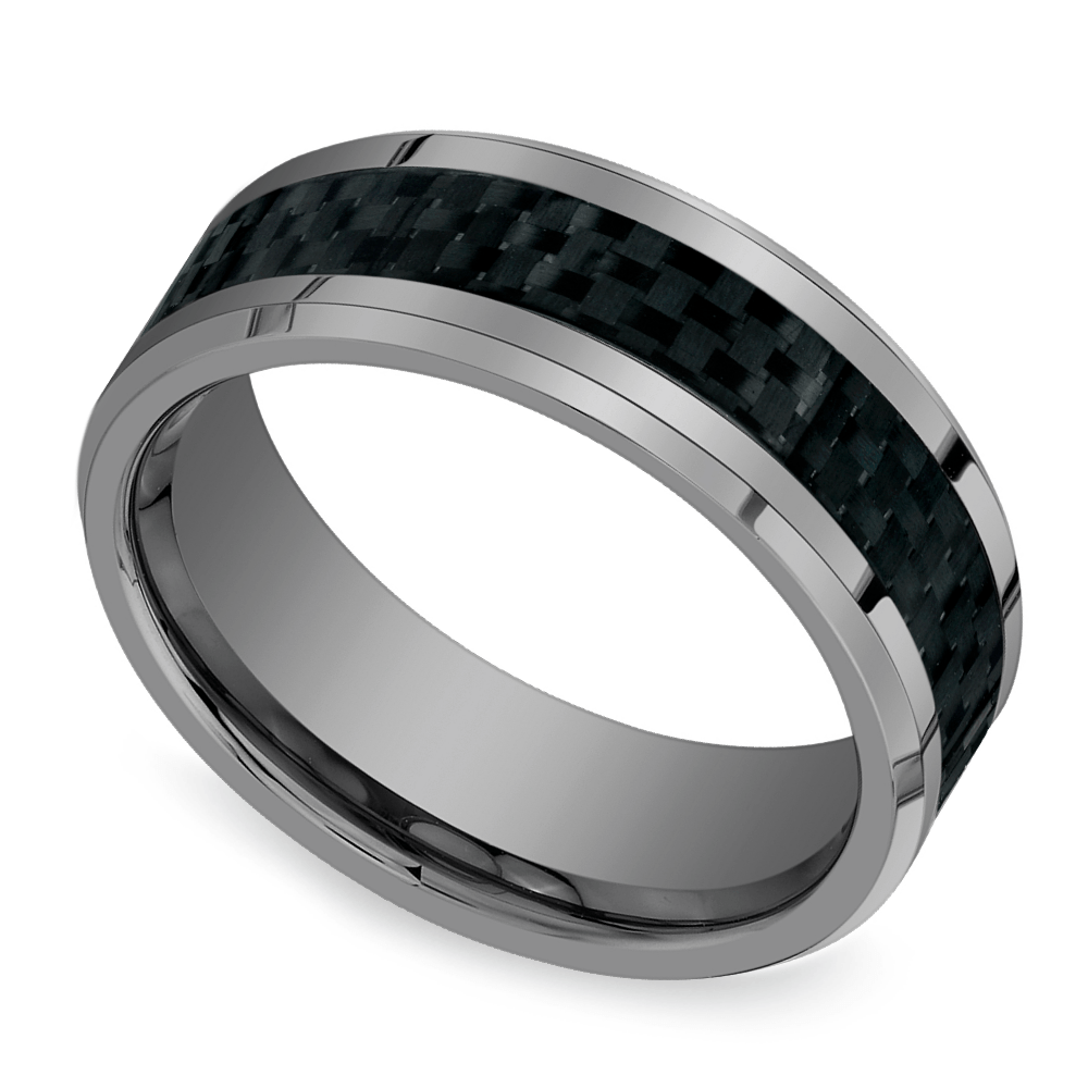 Mens Tungsten Wedding Band With Beveled Carbon Fiber Inlay (8mm) | 01