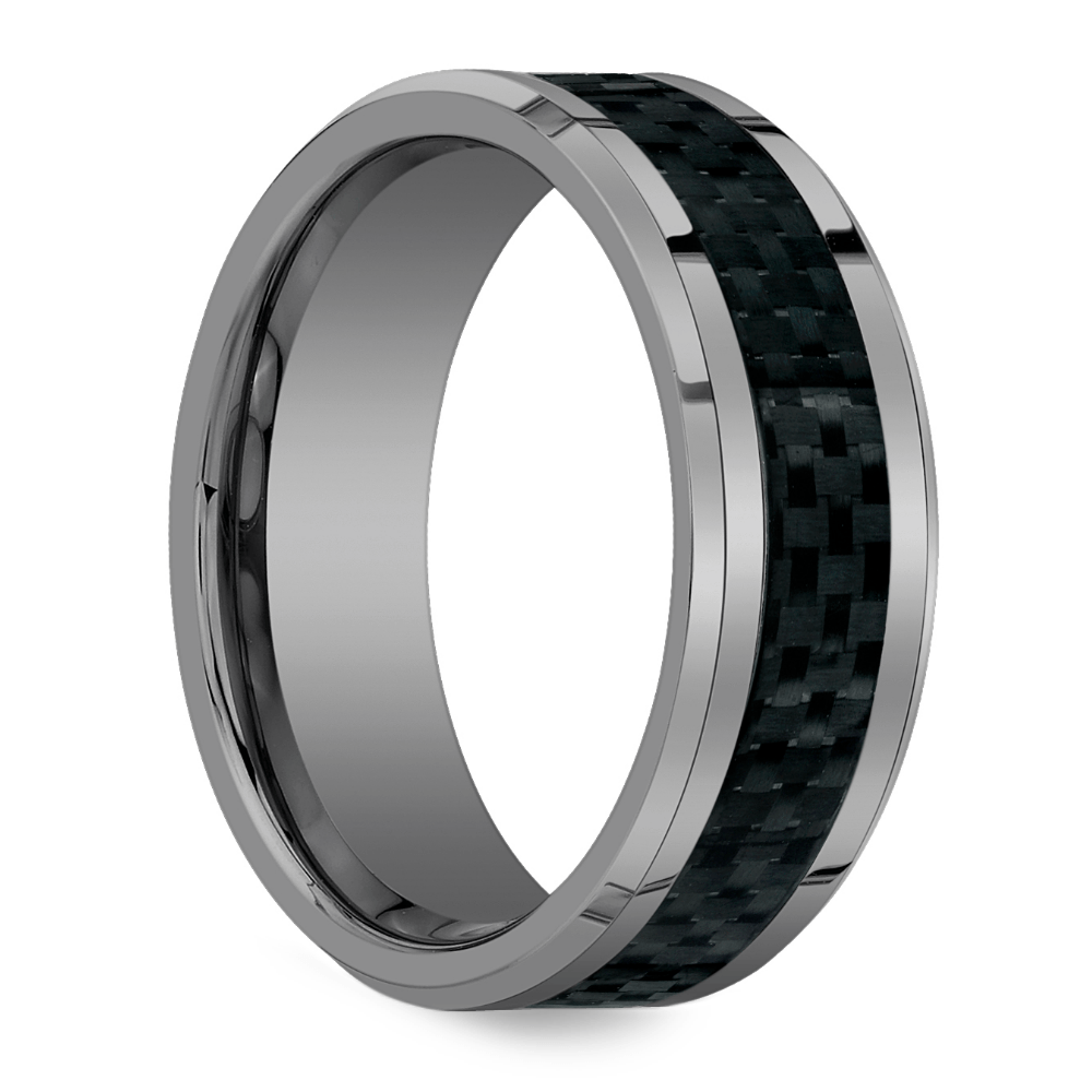 Mens Tungsten Wedding Band With Beveled Carbon Fiber Inlay (8mm) | 02