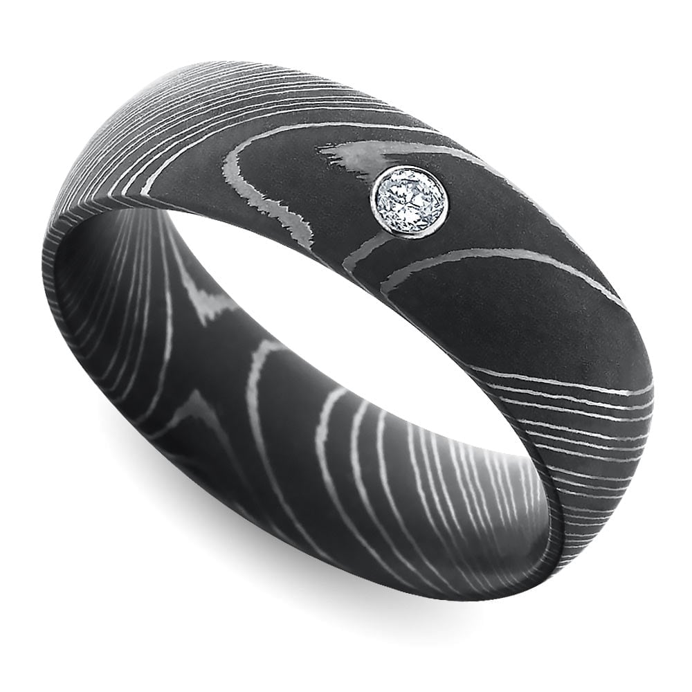 Mens Wedding Ring In Damascus Steel With Inset Diamond | 01