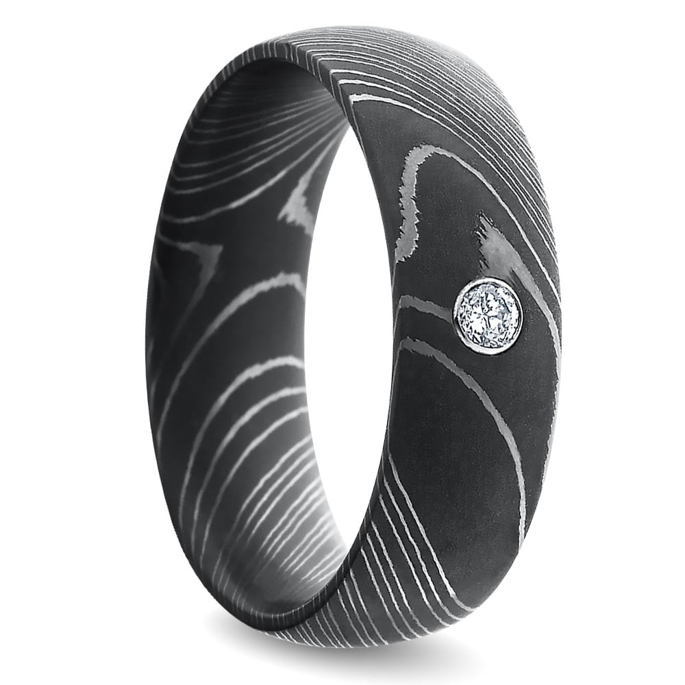 Mens Wedding Ring In Damascus Steel With Inset Diamond | 02