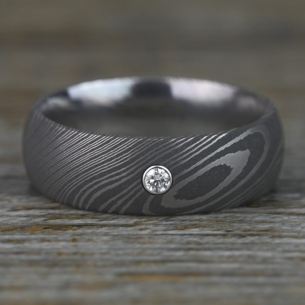 Mens Wedding Ring In Damascus Steel With Inset Diamond | 03