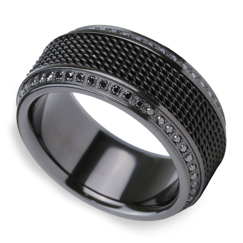 Mens Titanium Black Diamond Ring WIth Steel Chainmail Inlay  | Zoom