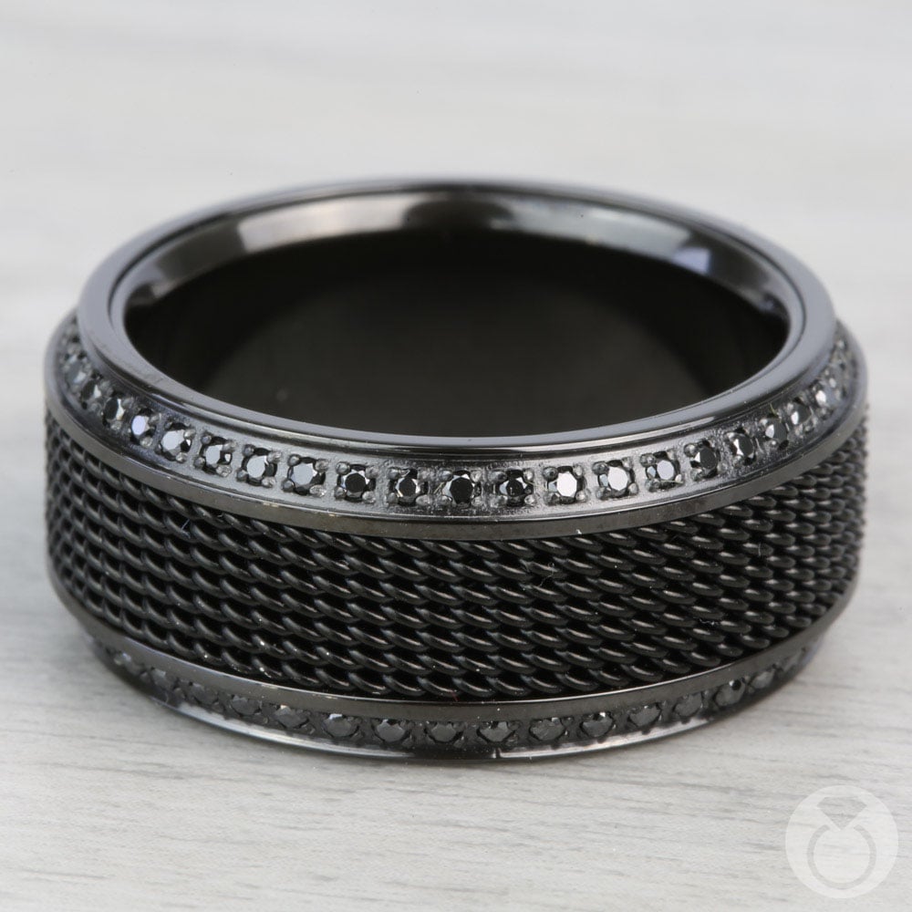 Mens Titanium Black Diamond Ring WIth Steel Chainmail Inlay  | Thumbnail 06