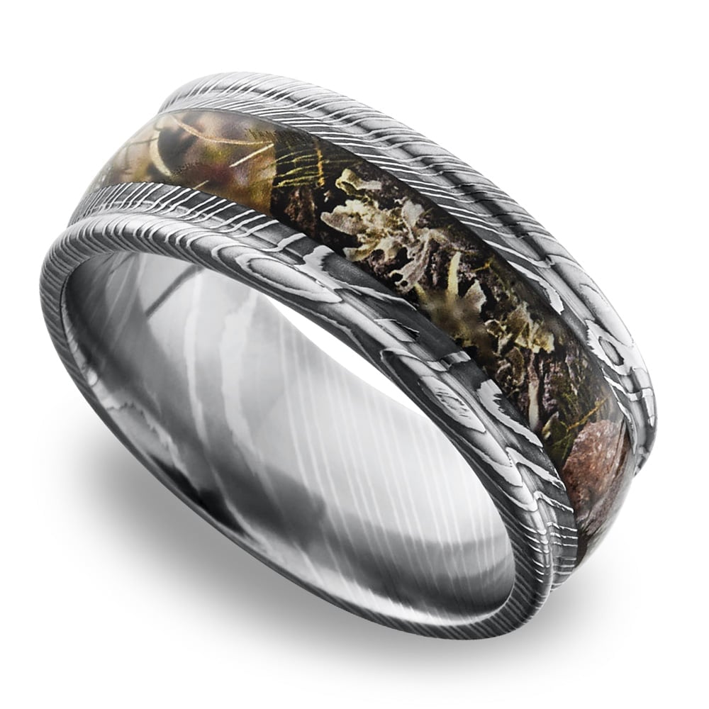 Predator -  Damascus Steel Mens Ring with Kings Mountain Inlay (9mm) | 01