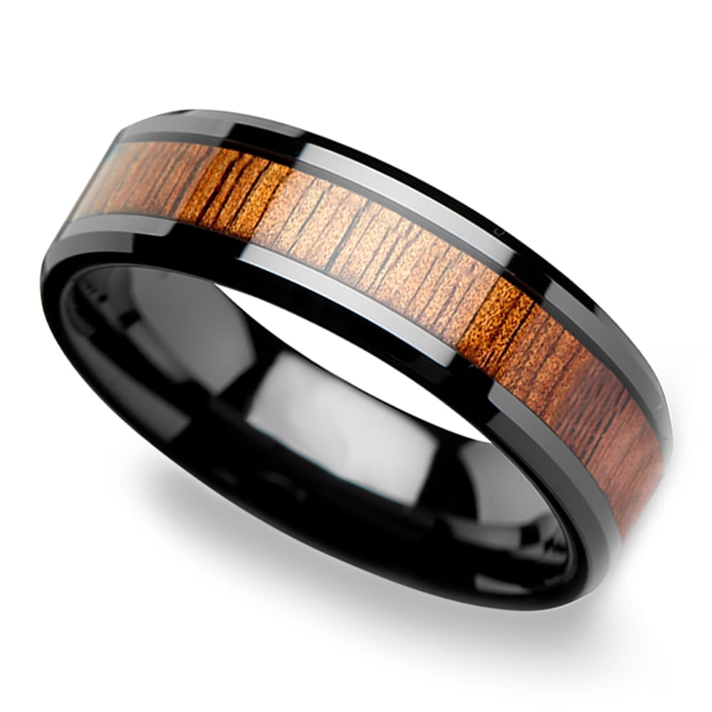 Mens Hawaiian Koa Wood Inlay Wedding Ring - Black Ceramic (6mm) | 01