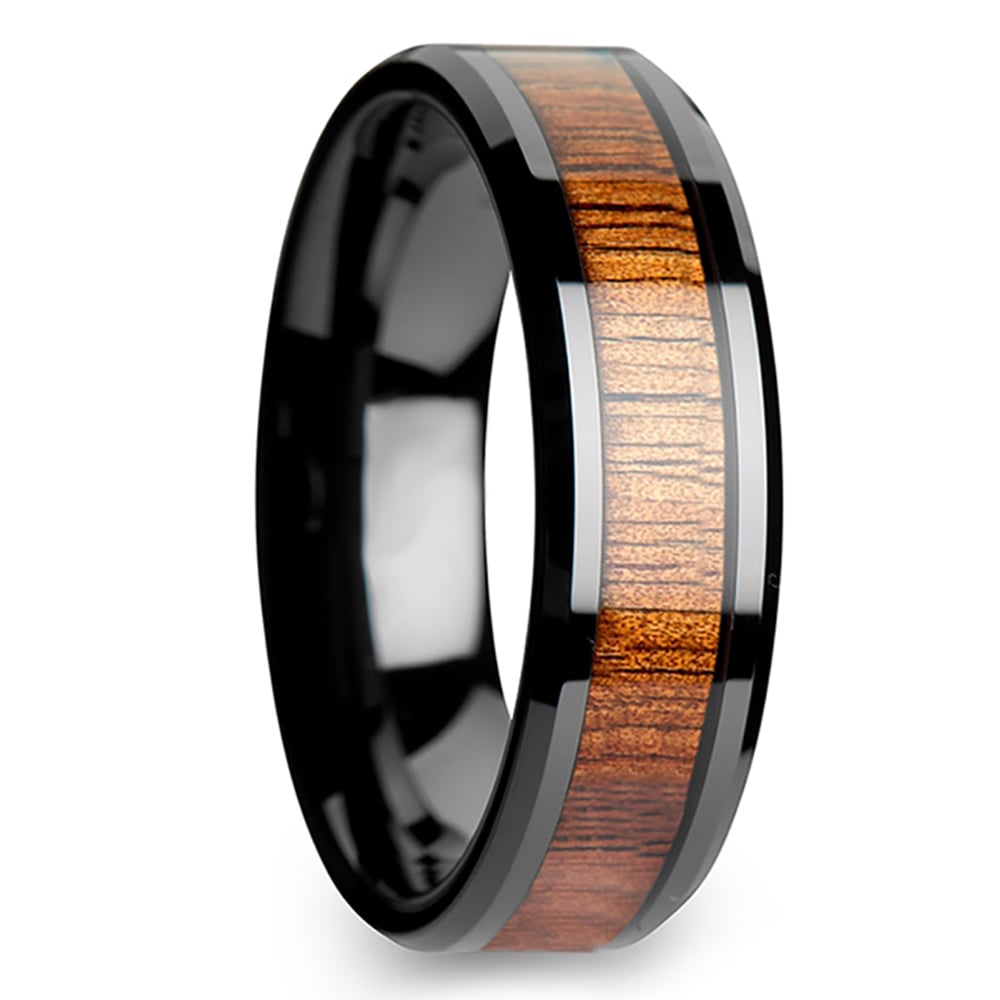 Mens Hawaiian Koa Wood Inlay Wedding Ring - Black Ceramic (6mm) | Thumbnail 02