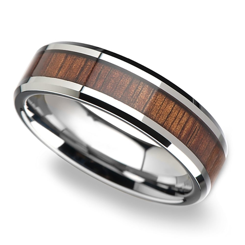 Mens Koa Wood Ring - Beveled Tungsten Wedding Band (6mm) | Thumbnail 01