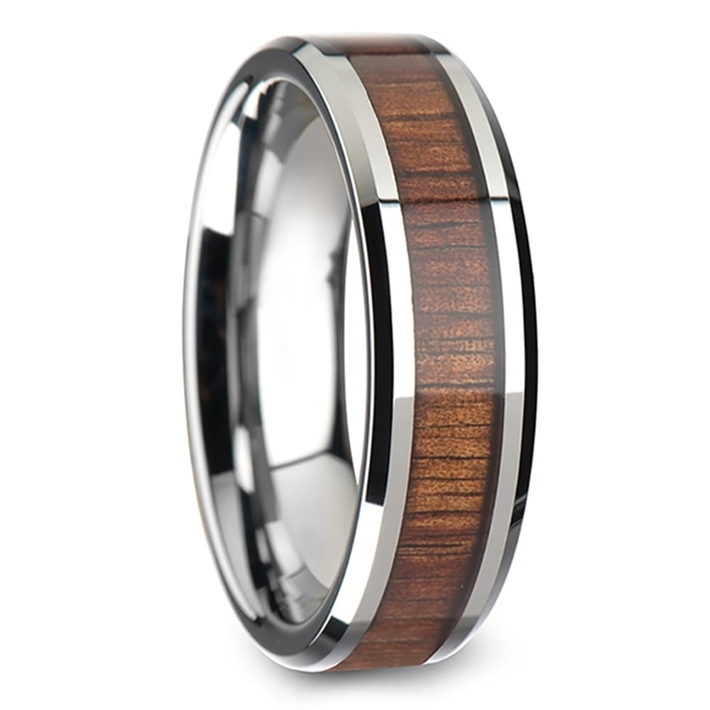 Mens Koa Wood Ring - Beveled Tungsten Wedding Band (6mm) | 02