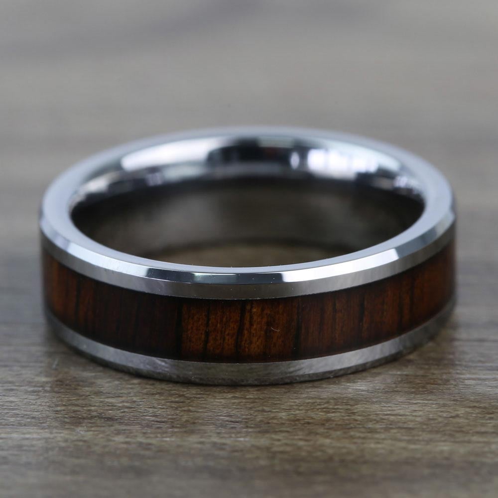 Mens Koa Wood Ring - Beveled Tungsten Wedding Band (6mm) | Thumbnail 04