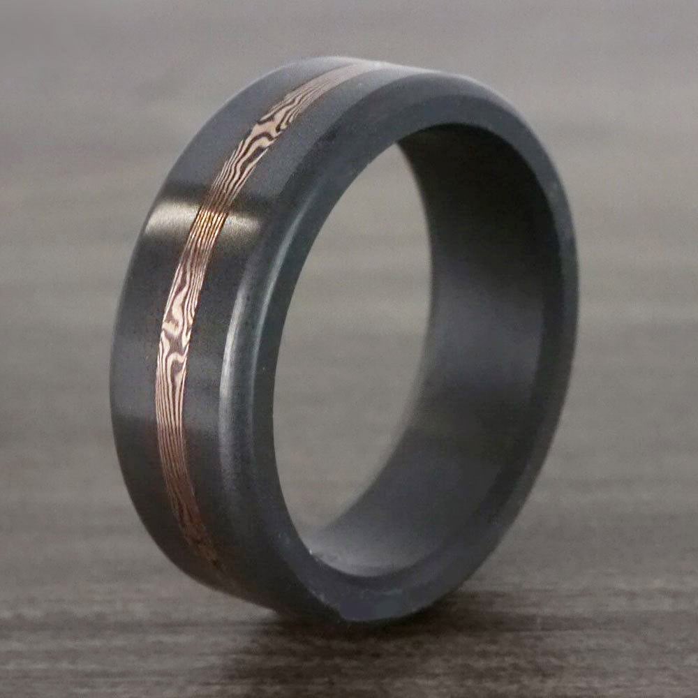 Kratos - Mens Polished Elysium Wedding Ring With Rose Gold Mokume Inlay (8mm) | 05