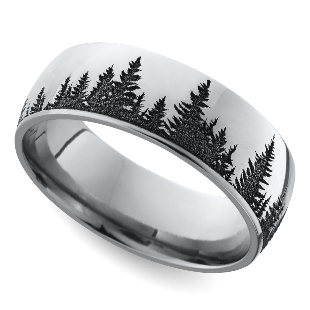 Laser Carved Forest Pattern Men's Wedding Ring in Cobalt (7mm) | 01