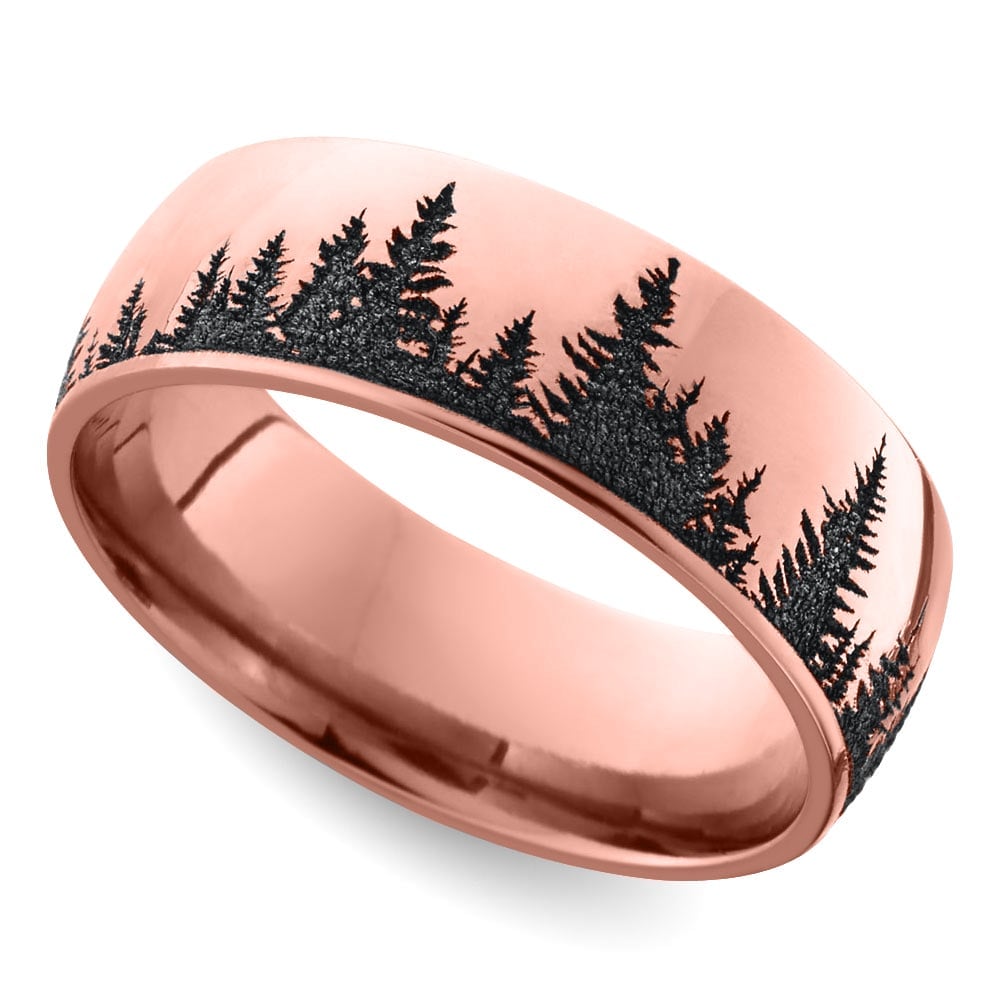 Laser Carved Forest Pattern Men's Wedding Ring in Rose Gold (7mm) | Thumbnail 01