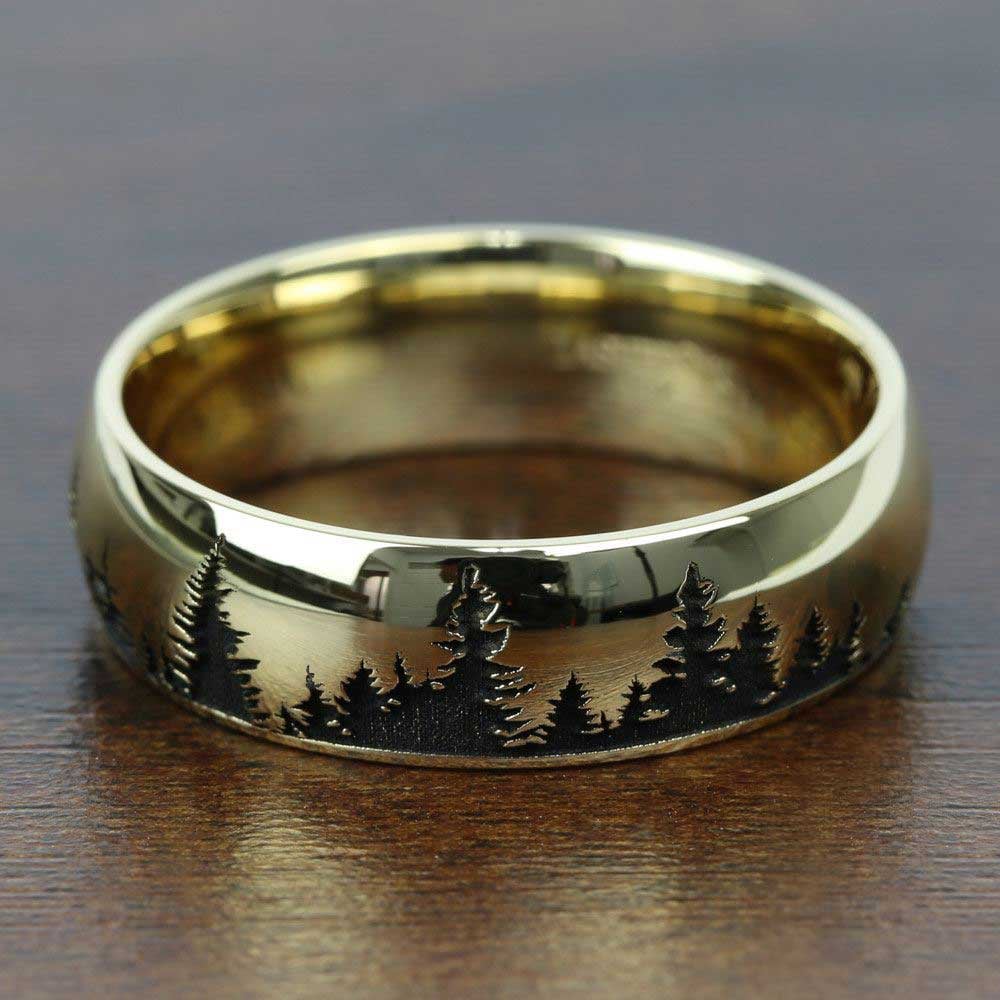 Laser Carved Forest Pattern Mens Wedding Ring in Yellow Gold (7mm) | 03