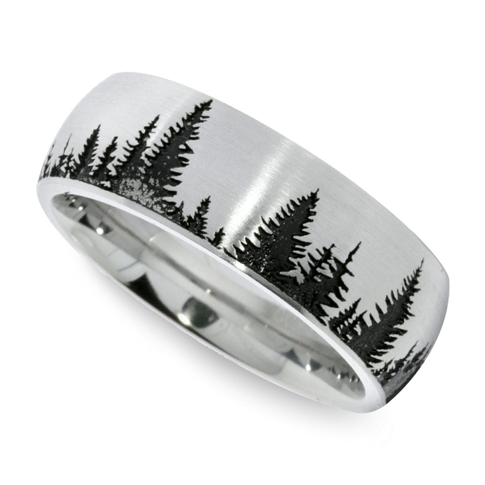 Laser Carved Pine Tree Pattern Men's Wedding Ring in Cobalt (8mm) | 01