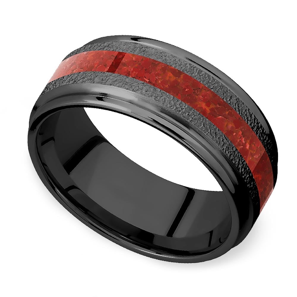 Lava Ring - Zirconium Mens Wedding Band With Red Coral Inlay | 01