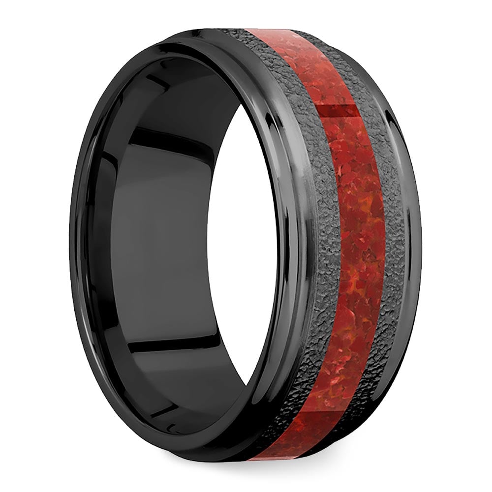 Lava Ring - Zirconium Mens Wedding Band With Red Coral Inlay | 02