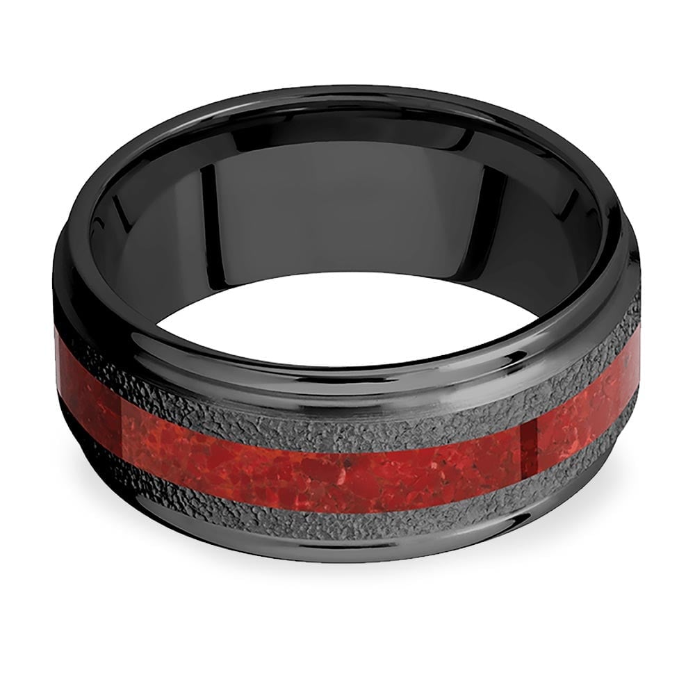 Lava Ring - Zirconium Mens Wedding Band With Red Coral Inlay | 03