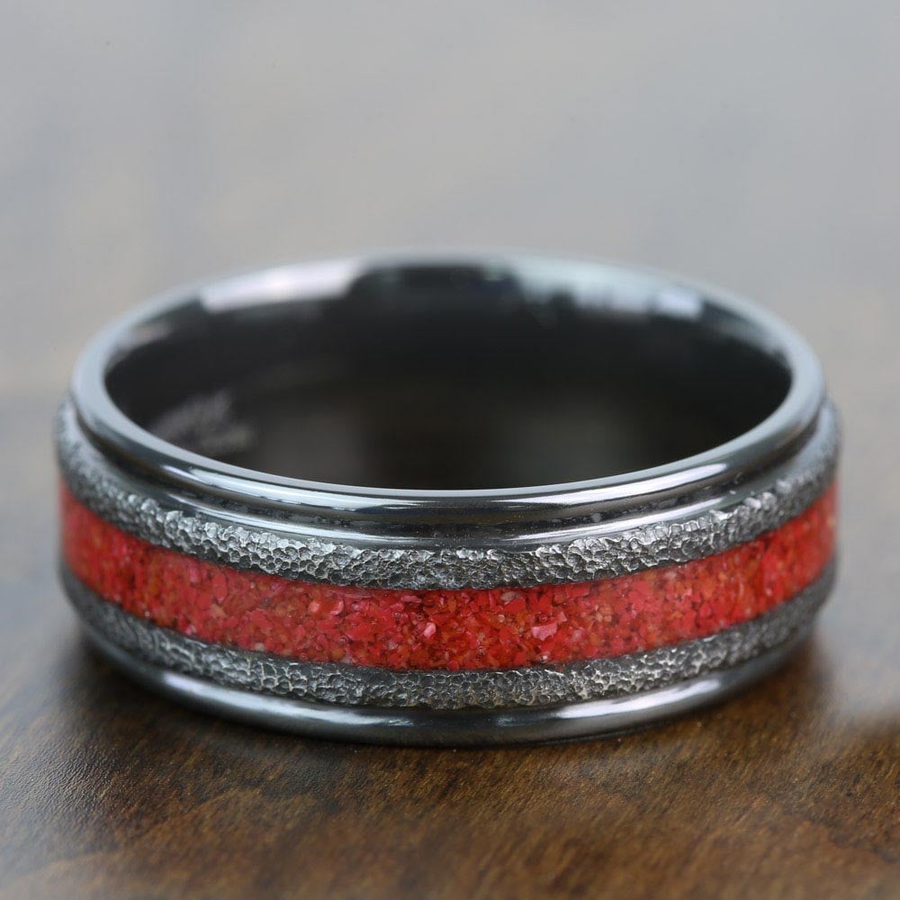Lava Ring - Zirconium Mens Wedding Band With Red Coral Inlay | 04
