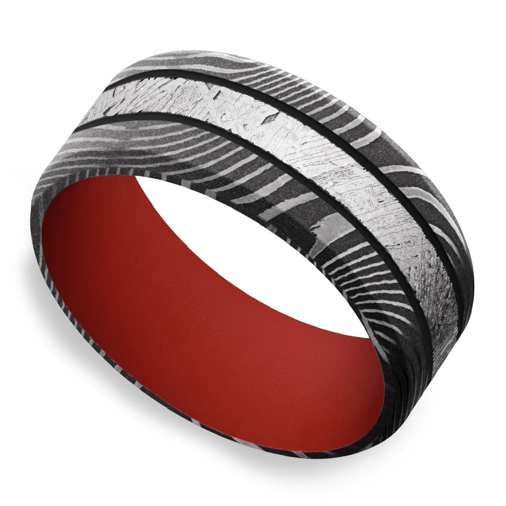 Mens Black And Red Wedding Band In Meteorite And Damascus Steel (9mm) | 01
