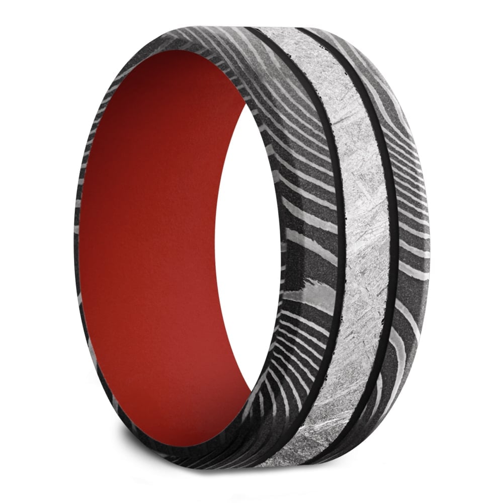Mens Black And Red Wedding Band In Meteorite And Damascus Steel (9mm) | 02
