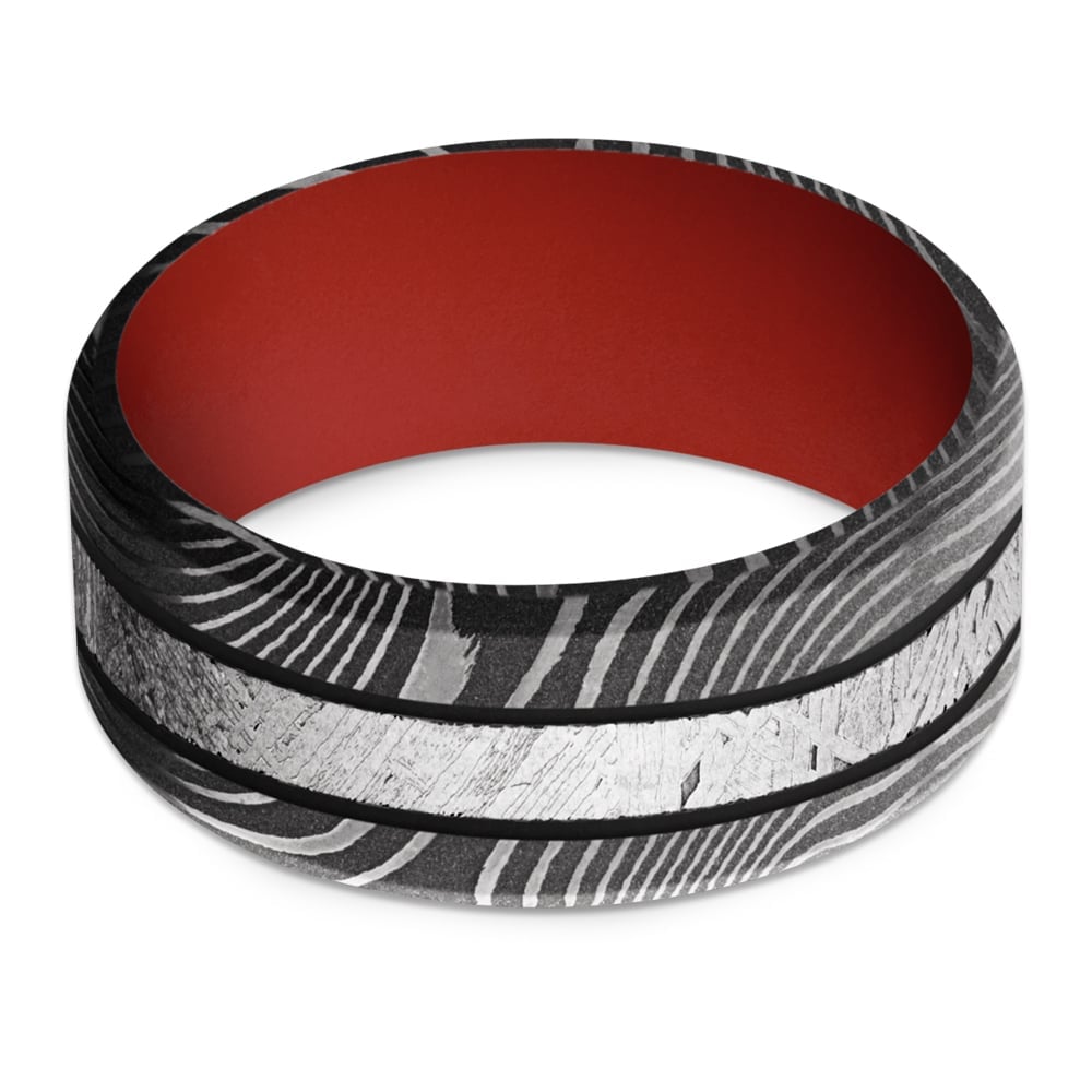 Mens Black And Red Wedding Band In Meteorite And Damascus Steel (9mm) | 03