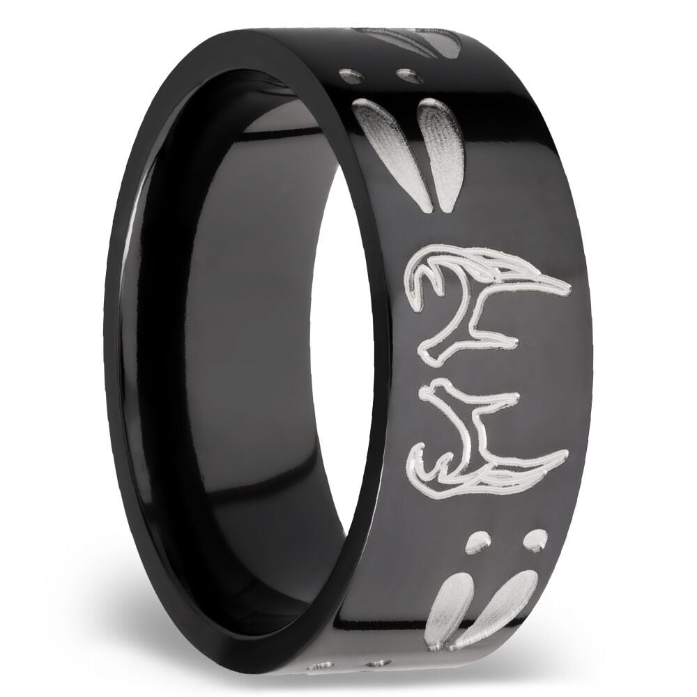 Men's Wedding Ring with Deer Track, Cross, and Antler Pattern in Zirconium (9mm) | 02