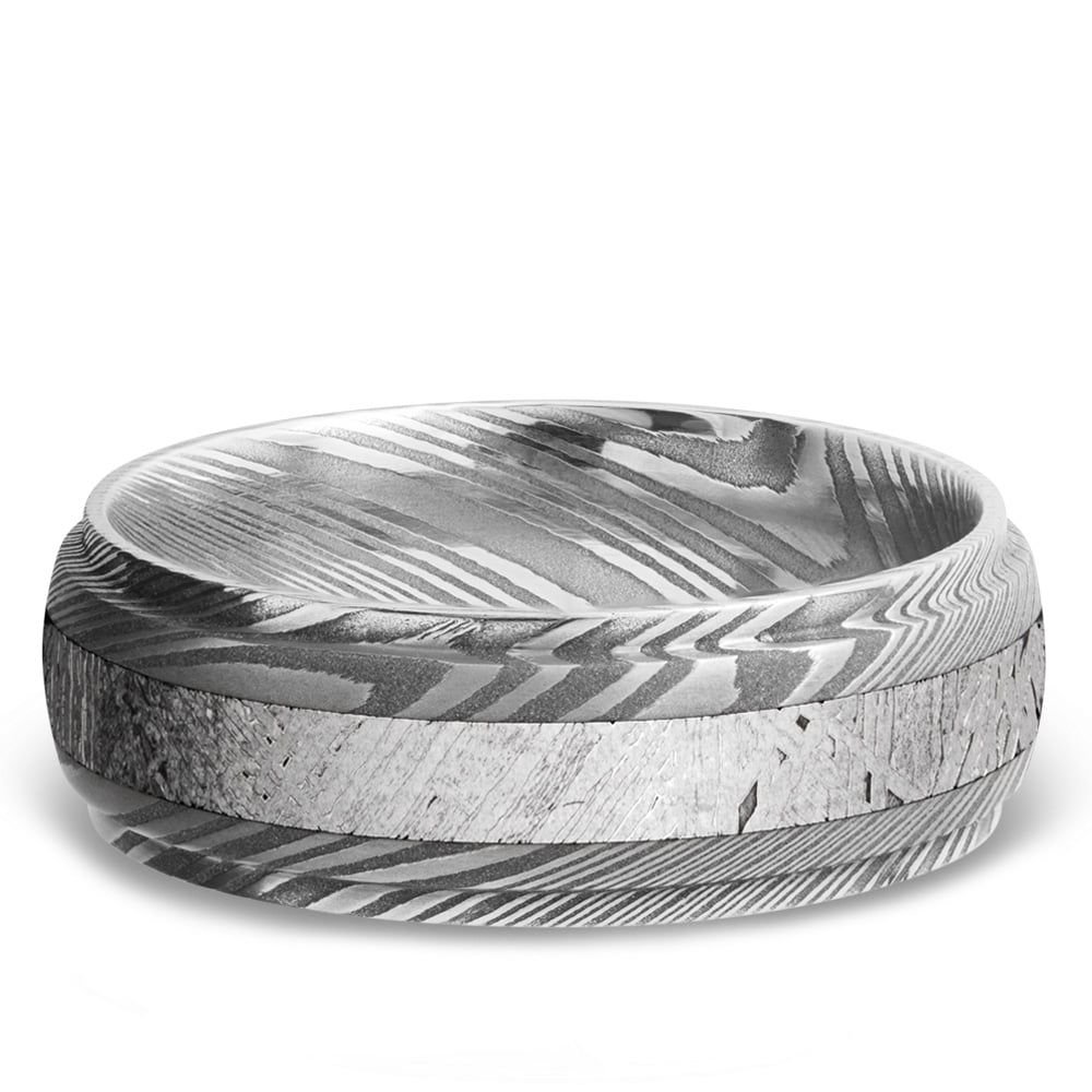 Torque - Damascus Steel Mens Ring with Meteorite Inlay (7mm) | 03