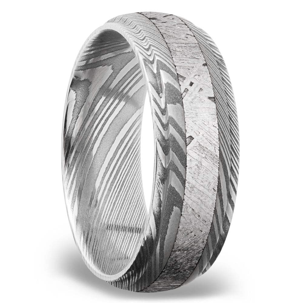 Torque - Damascus Steel Mens Ring with Meteorite Inlay (7mm) | 02