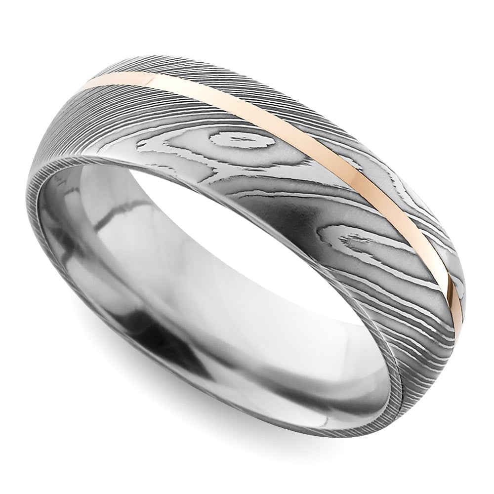 Offset Rose Inlay Domed Men's Wedding Ring in Damascus Steel (7mm) | Thumbnail 01