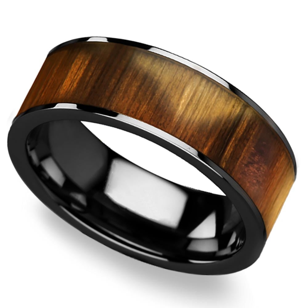 The Mediterranean - 8mm Black Ceramic Mens Band with Olive Wood Inlay | 01