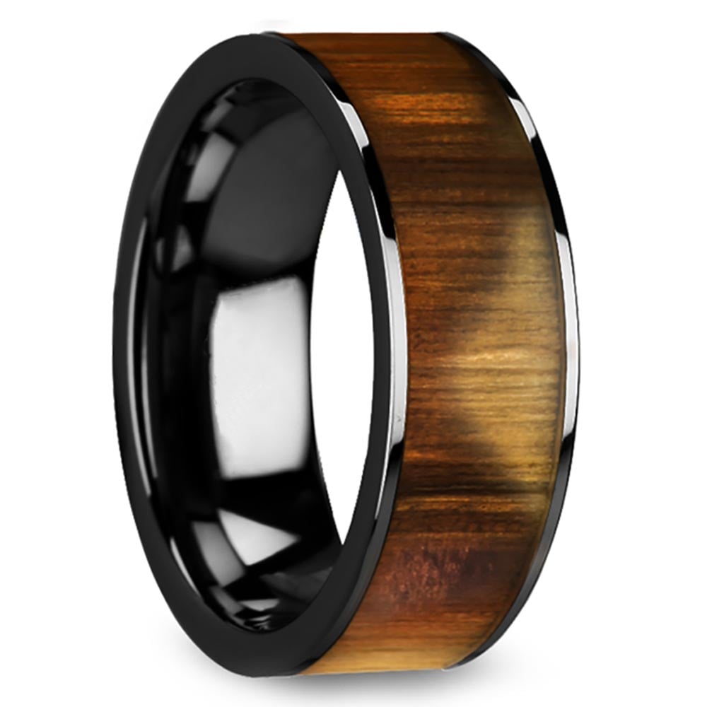 The Mediterranean - 8mm Black Ceramic Mens Band with Olive Wood Inlay | 02