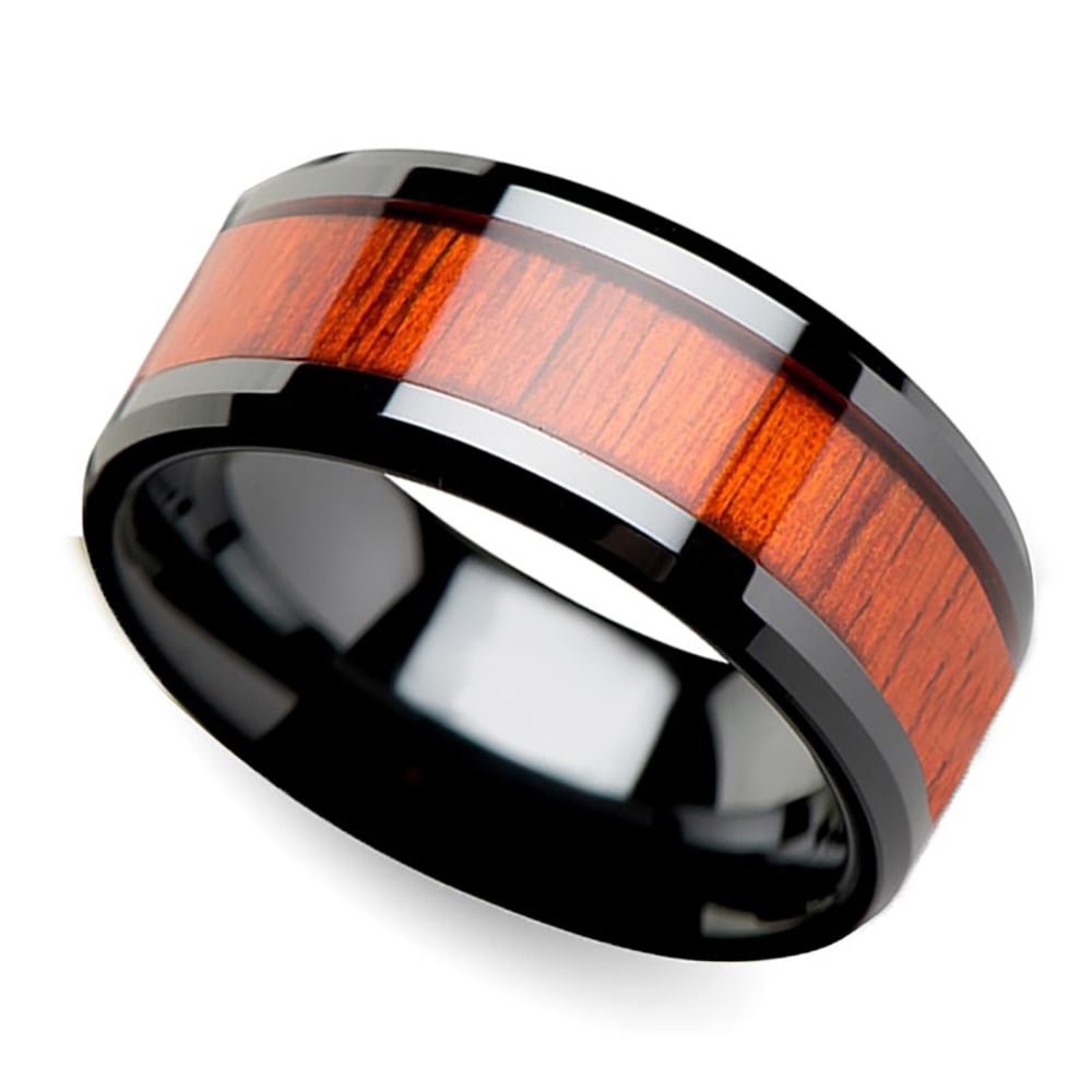 Padauk Real Wood Inlay Men's Beveled Ring in Black Ceramic (10mm) | Thumbnail 01