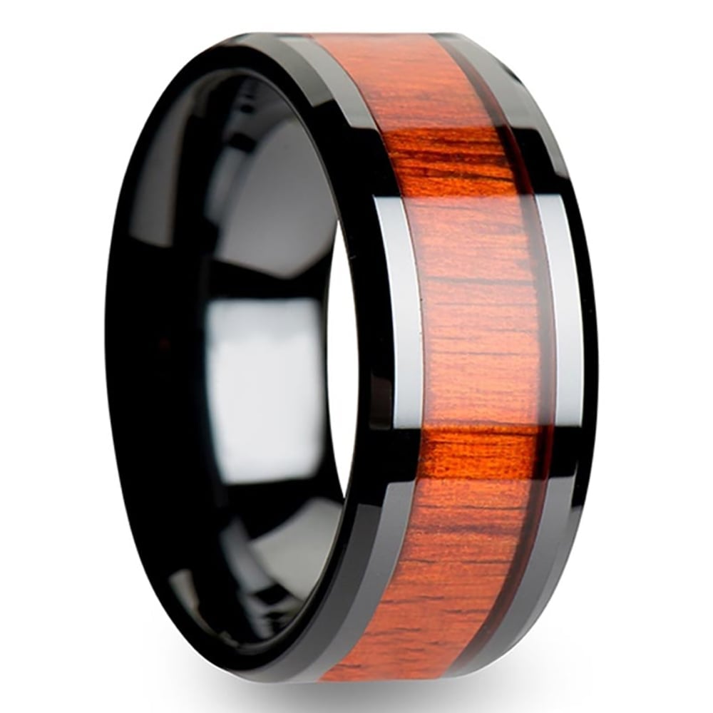 Padauk Real Wood Inlay Men's Beveled Ring in Black Ceramic (10mm) | Thumbnail 02