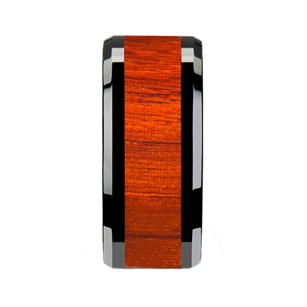 Padauk Real Wood Inlay Men's Beveled Ring in Black Ceramic (10mm) | 03