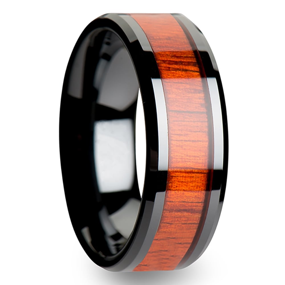 Tiger - Black Ceramic Mens Ring with Padauk Wood Inlay | 02
