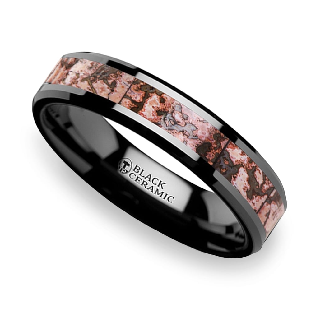 Pink Dinosaur Bone Wedding Ring In Black Ceramic | 01