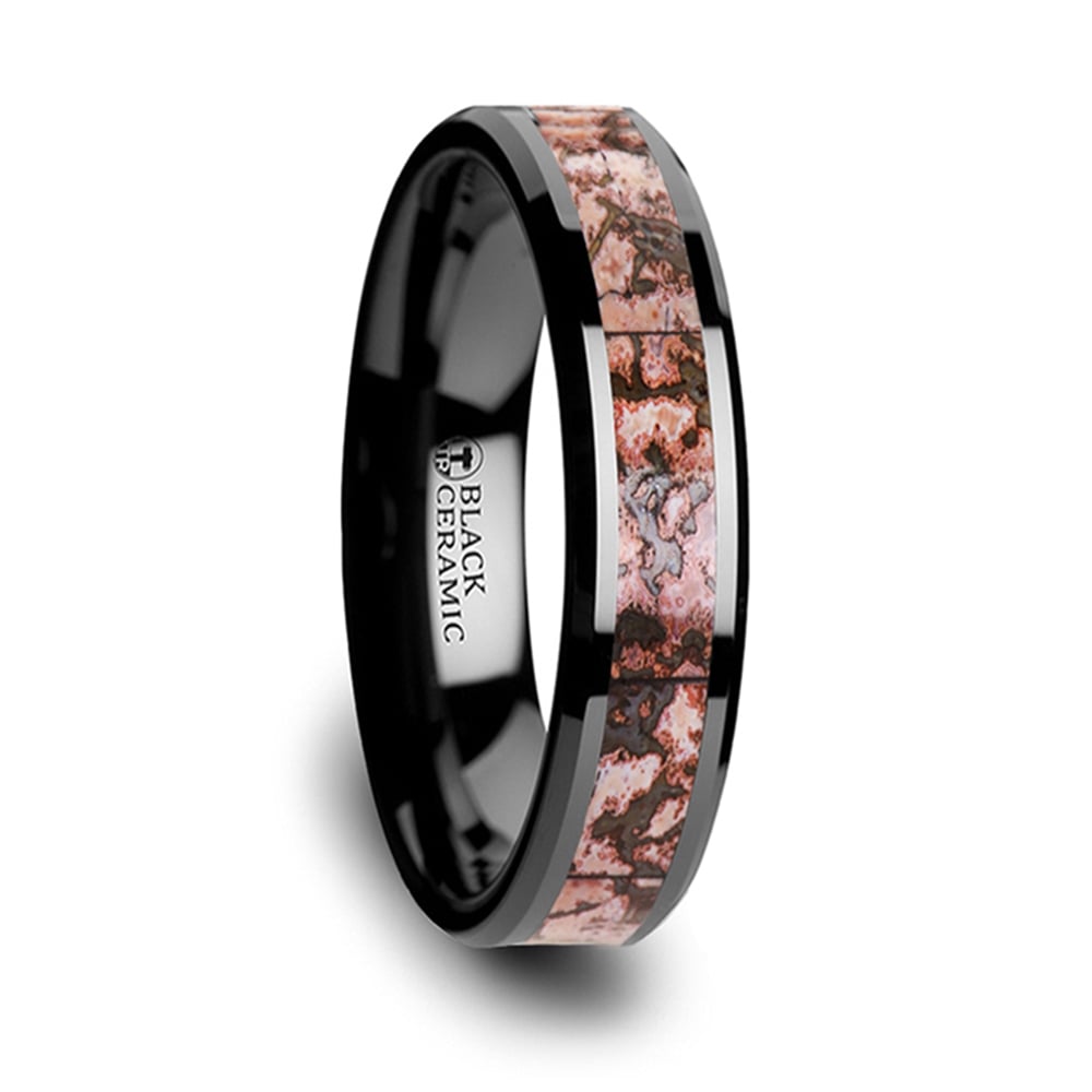 Pink Dinosaur Bone Wedding Ring In Black Ceramic | 02