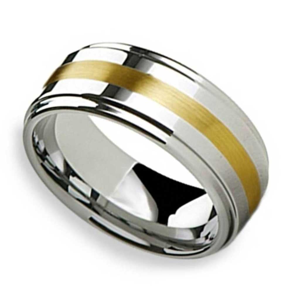 Raised Mens Tungsten Wedding Band With 14k Gold Inlay (8mm) | 01