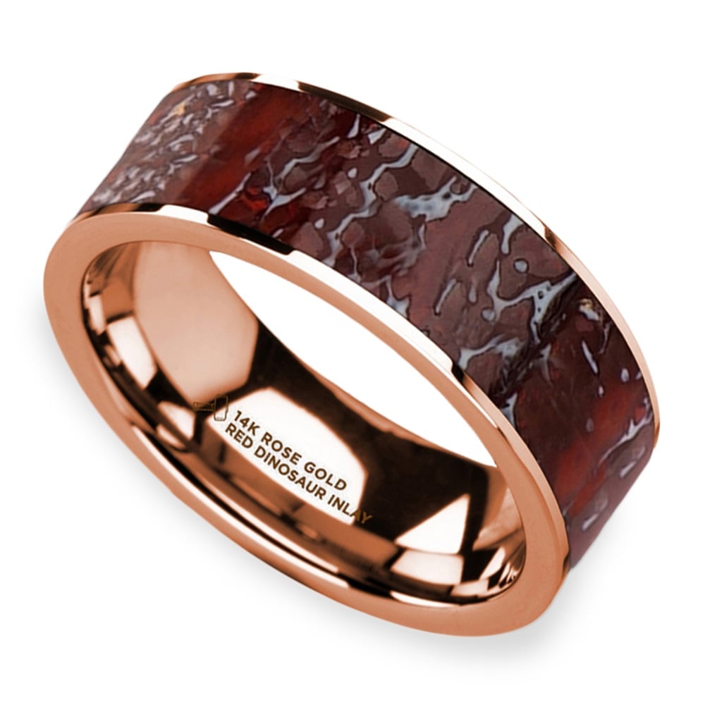Red Dinosaur Bone Inlay Men's Wedding Ring in 14K Rose Gold (8mm) | 01