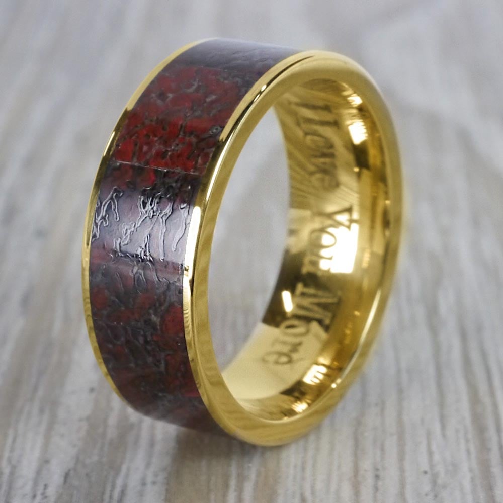 Red Dinosaur Bone Inlay Men's Wedding Ring in 14K Yellow Gold (8mm) | 04