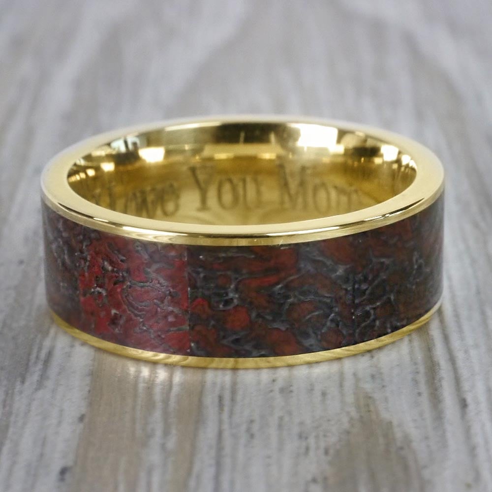 Red Dinosaur Bone Inlay Men's Wedding Ring in 14K Yellow Gold (8mm) | 03