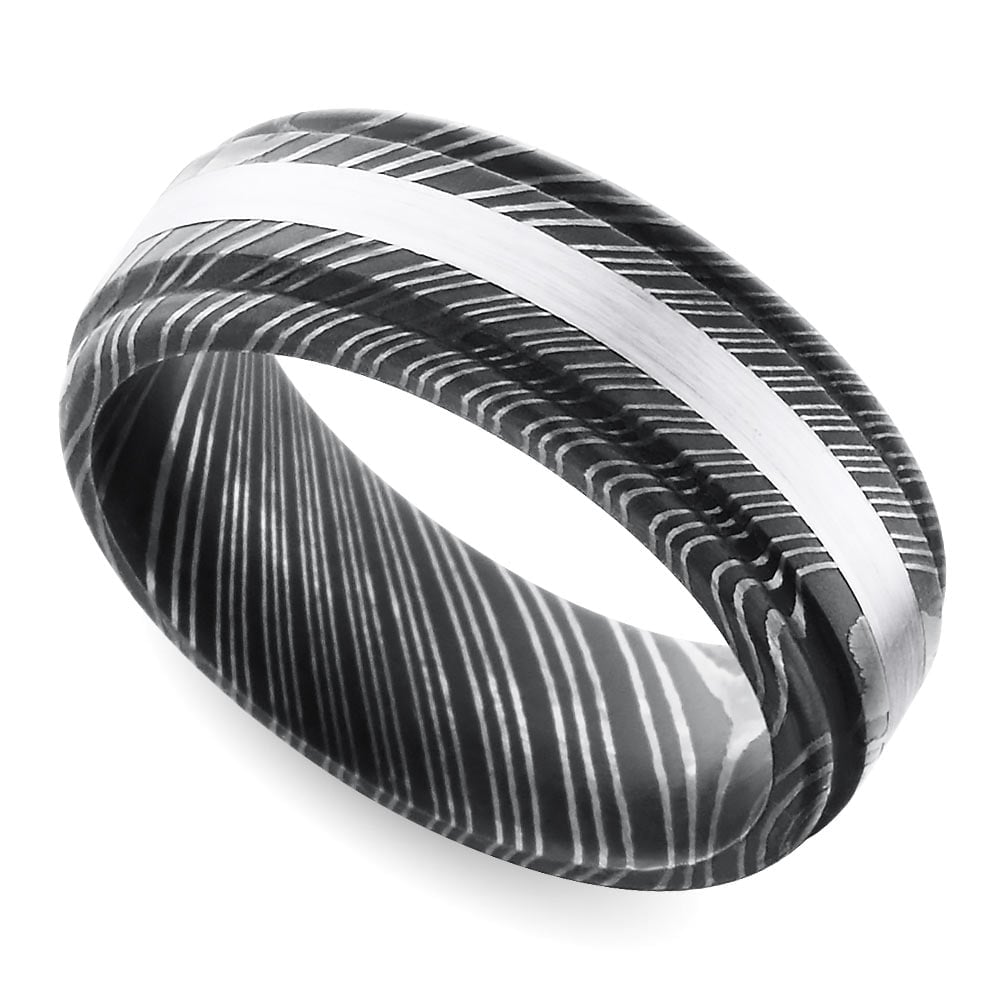 Damascus And White Gold Mens Wedding Ring With Rounded Edges | 01