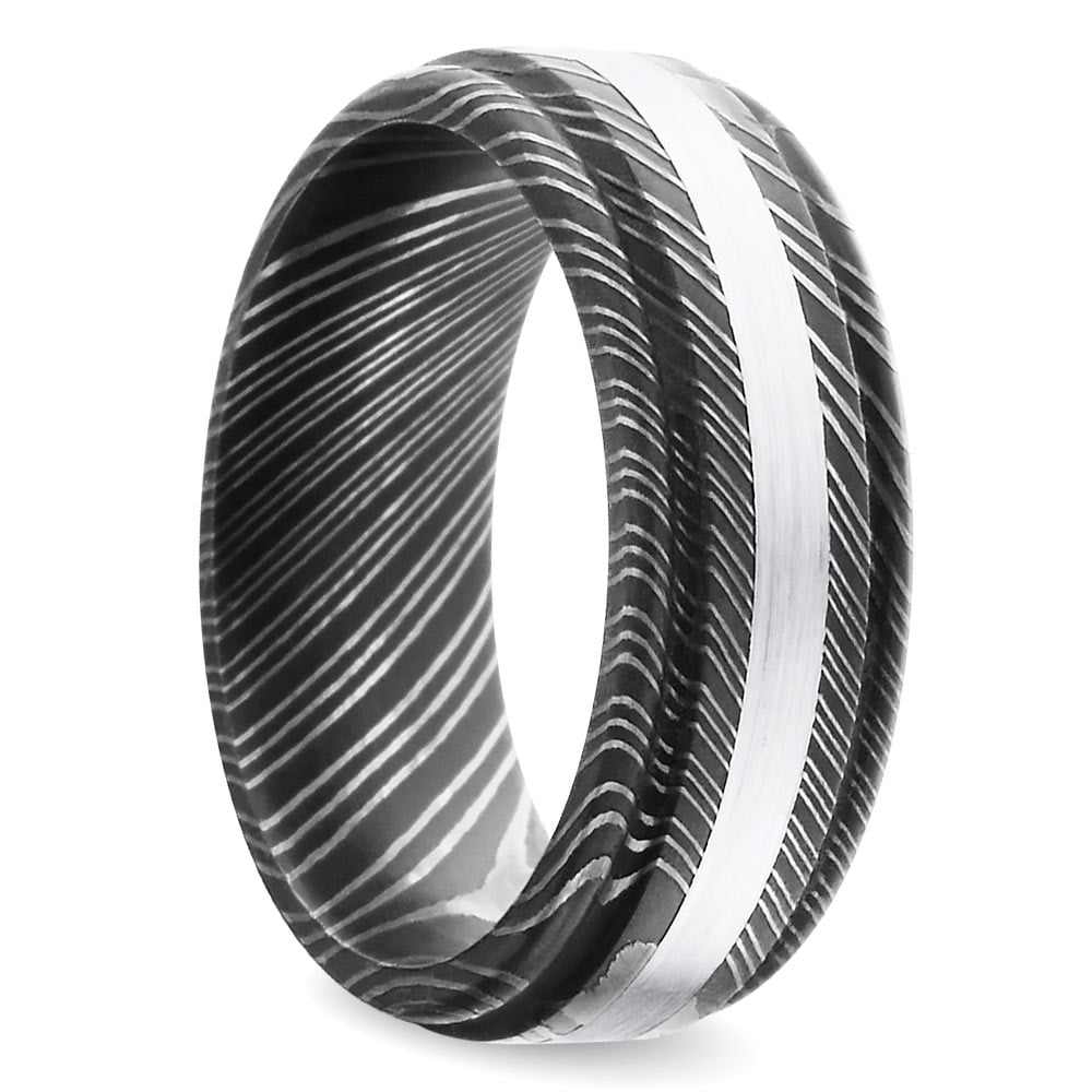 Damascus And White Gold Mens Wedding Ring With Rounded Edges | 02