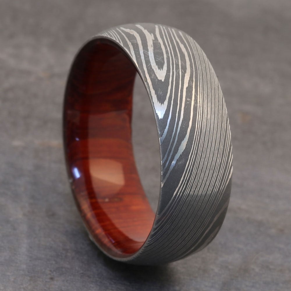 Damascus Steel Mens Ring With Padauk Wood Sleeve - Samurai (8mm) | 05