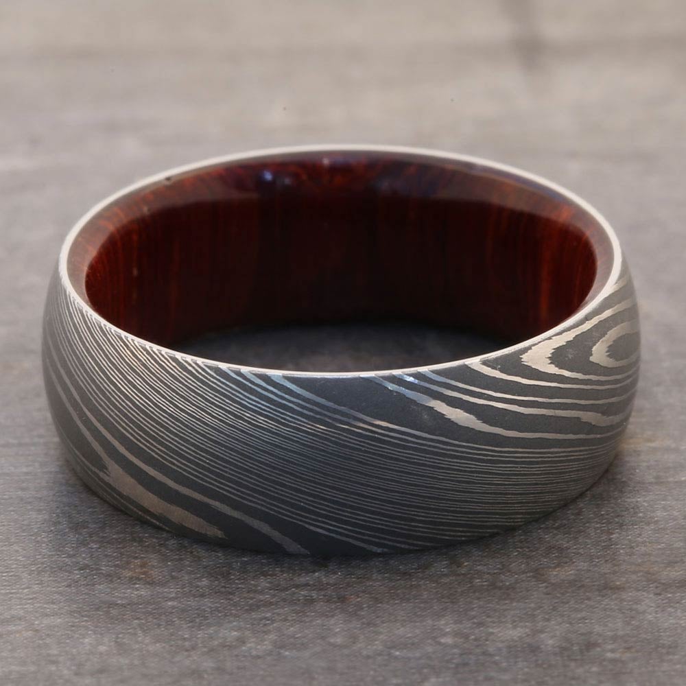 Damascus Steel Mens Ring With Padauk Wood Sleeve - Samurai (8mm) | 04