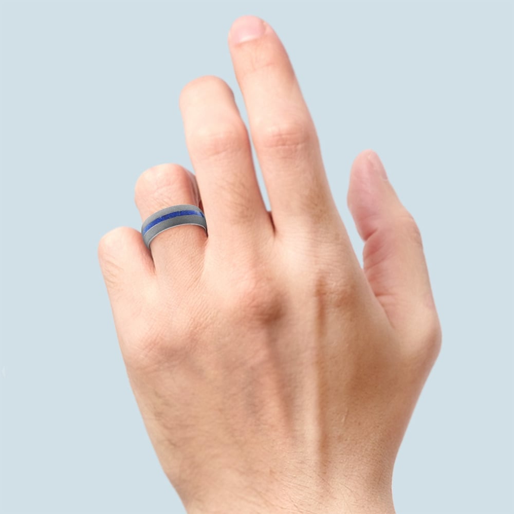 Mens Blue Lapis Inlay Wedding Ring In Cobalt With Sandblasted Finish | 04
