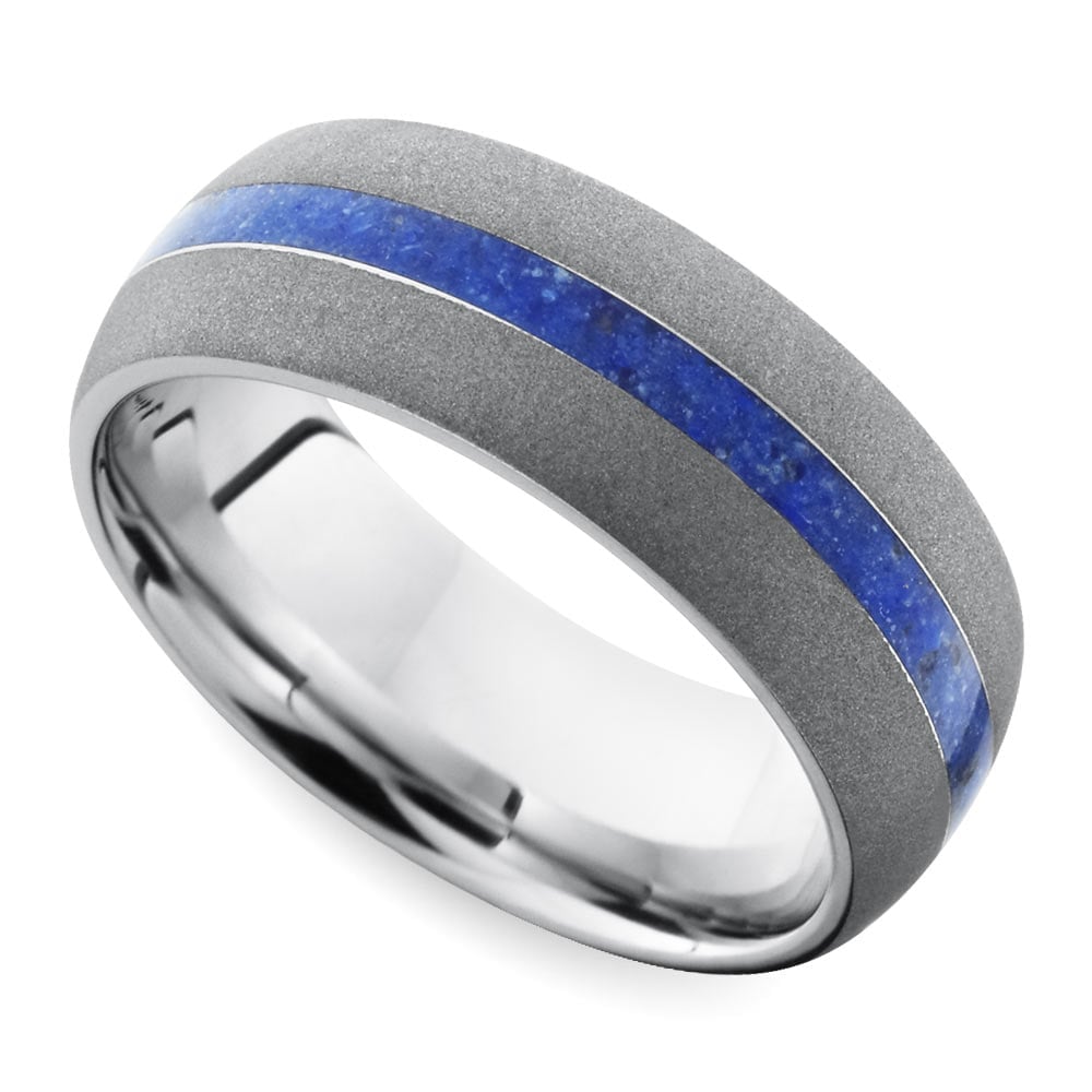 Mens Blue Lapis Inlay Wedding Ring In Cobalt With Sandblasted Finish | 01