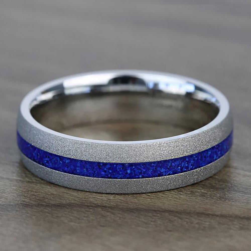 Mens Blue Lapis Inlay Wedding Ring In Cobalt With Sandblasted Finish | 03