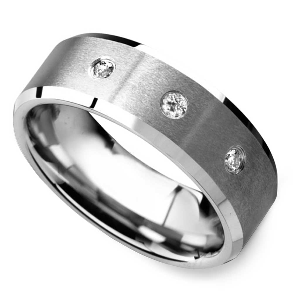 Mens Diamond Beveled Tungsten Wedding Band - Satin Finish (8mm) | 01